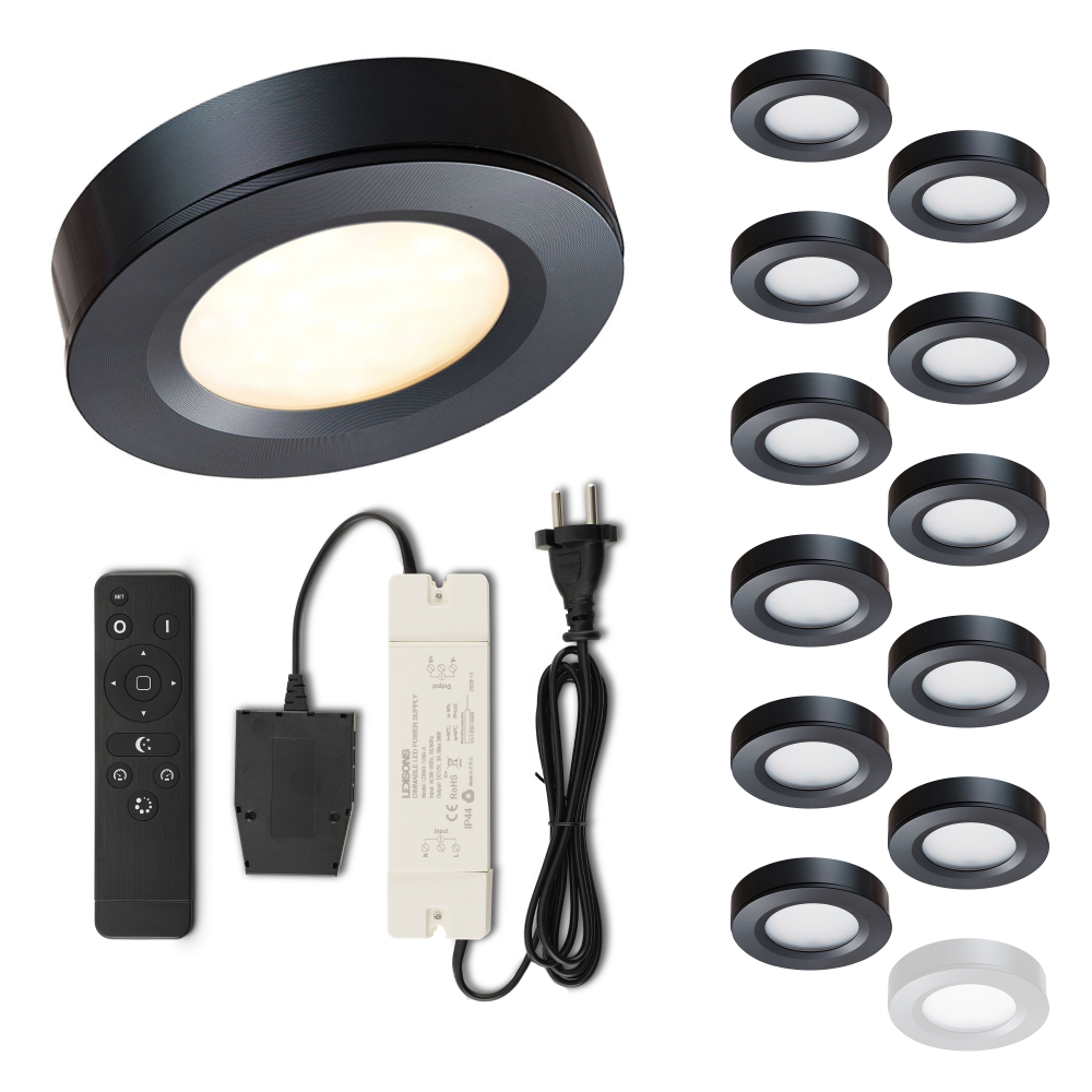 Set LED-opbouwspot met afstandsbediening Adria zwart 3W dimbaar 1-12 stuks