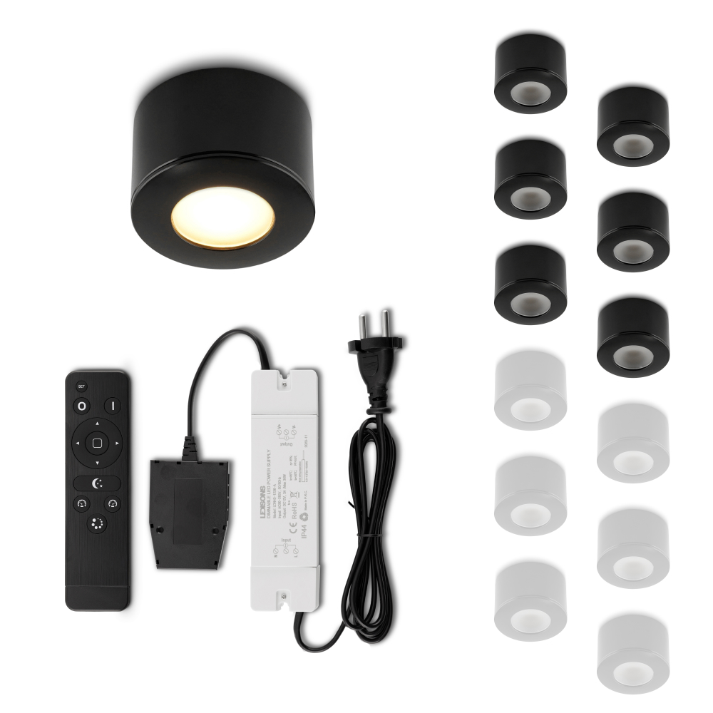 Set LED-opbouwspot met afstandsbediening Parma zwart 3W dimbaar 1-12 stuks