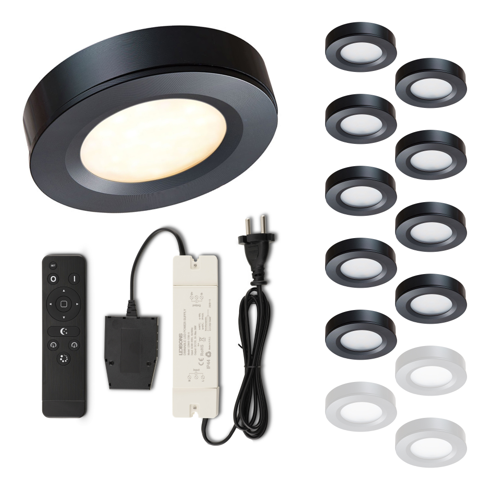 Set LED-opbouwspot met afstandsbediening Adria zwart 3W dimbaar IP44 1-12 stuks