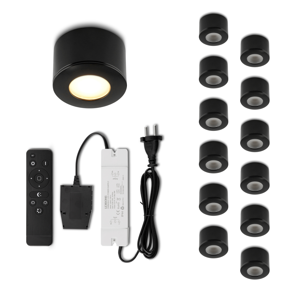 Set LED-opbouwspot met afstandsbediening Parma zwart 3W dimbaar 1-12 stuks