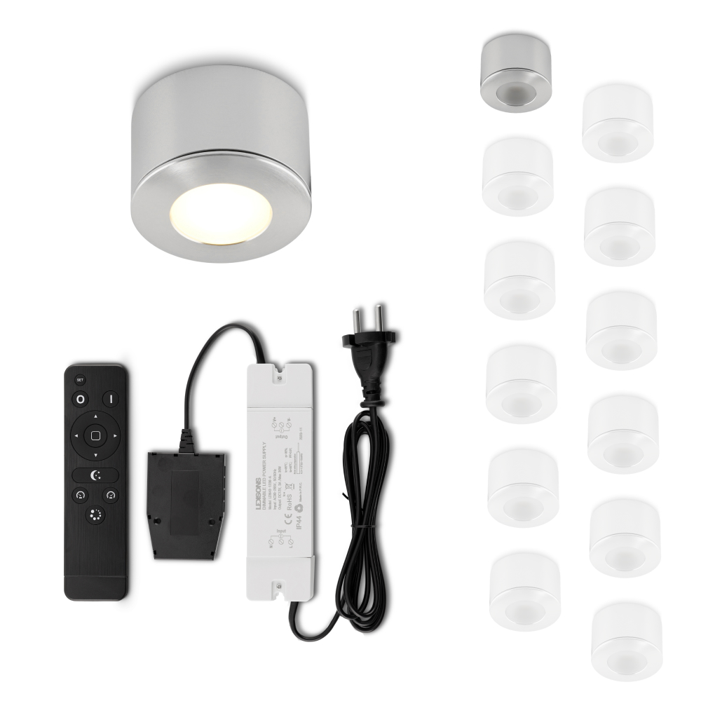 Set LED-opbouwspot met afstandsbediening Parma zilver 3W dimbaar 1-12 stuks
