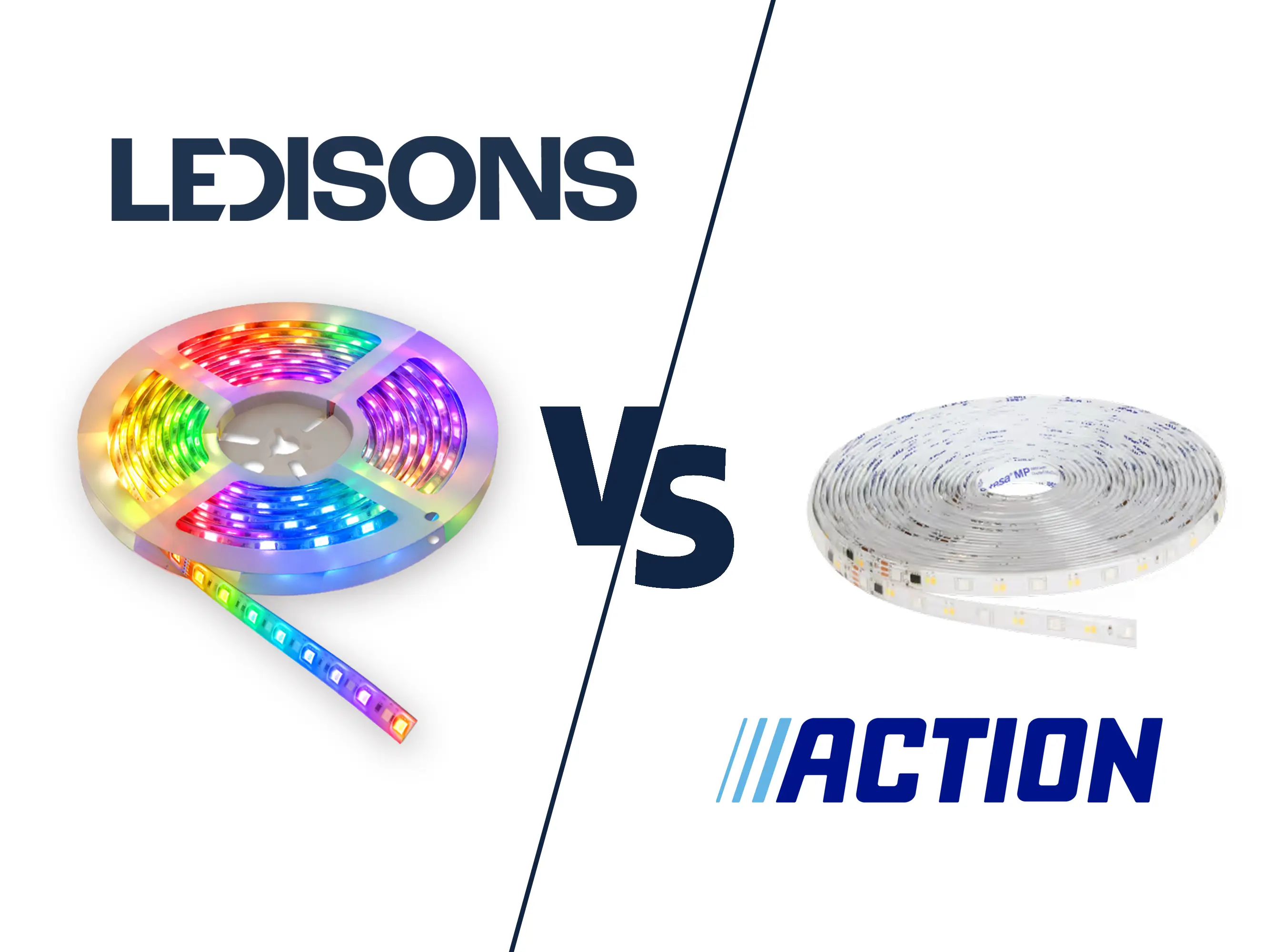 Afbeelding met kleurrijke LED-strip van LEDisons naast standaard LED-strip van Action ter vergelijking