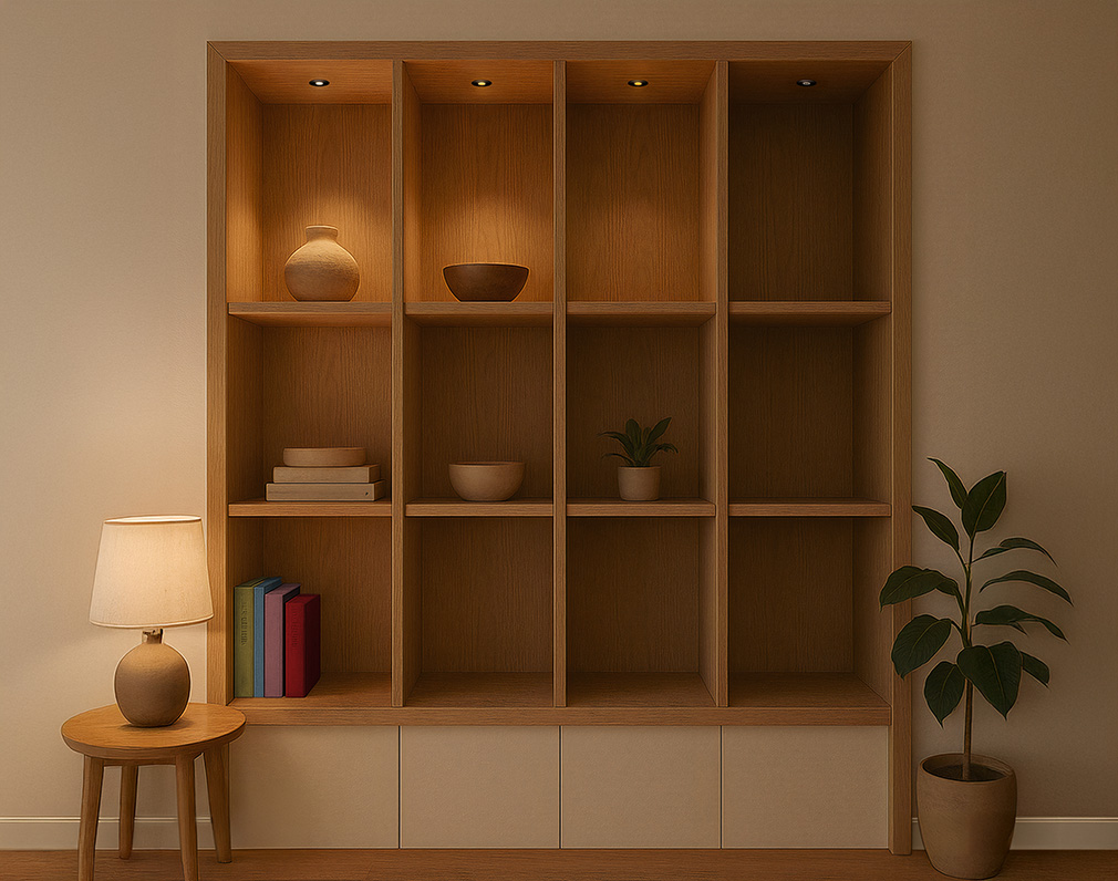 LED-inbouwspotjes boven in kastvakken die afzonderlijk te bedienen zijn voor gerichte verlichting van decoratie