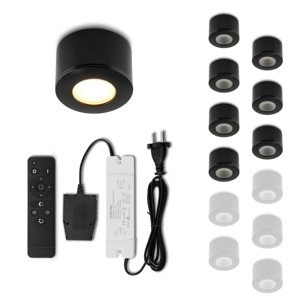 Set LED-opbouwspot met afstandsbediening Parma zwart 3W dimbaar 1-12 stuks