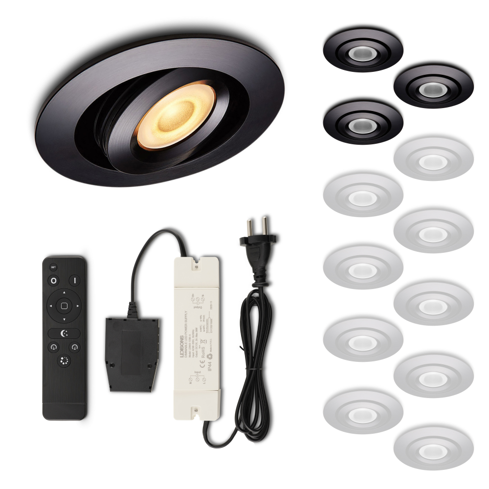 Set LED-inbouwspot met afstandsbediening Piccolo zwart 3W dimbaar IP44 1-12 stuks