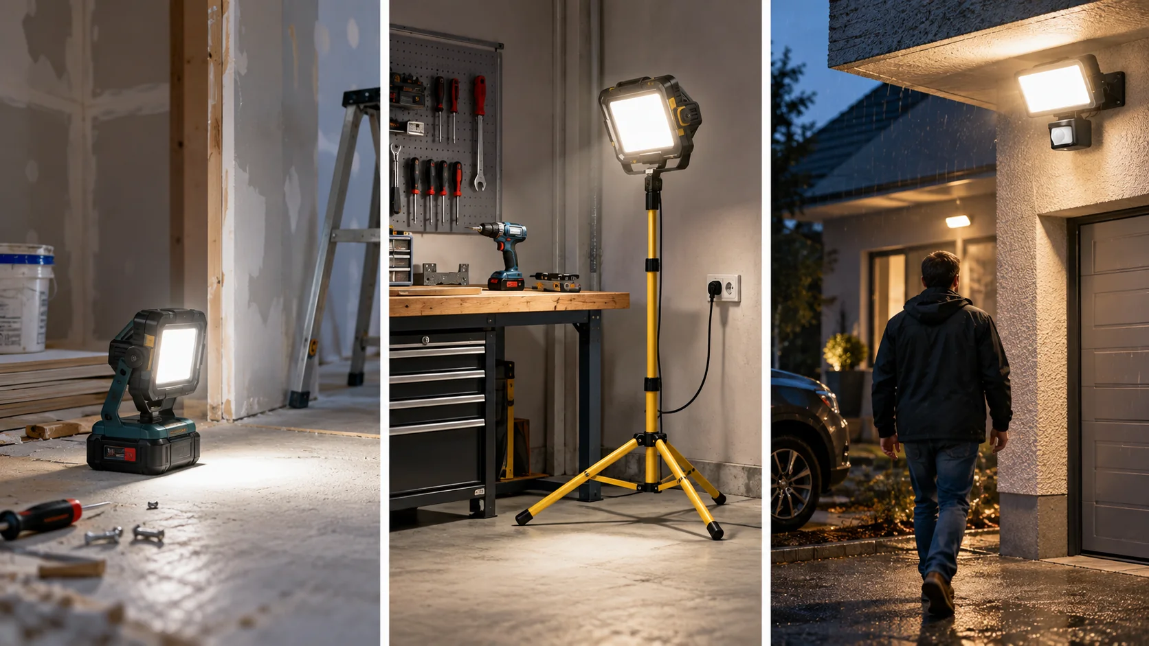 Voorbeelden van een accu-bouwlamp, bouwlamp op statief en buitenlamp met sensor
