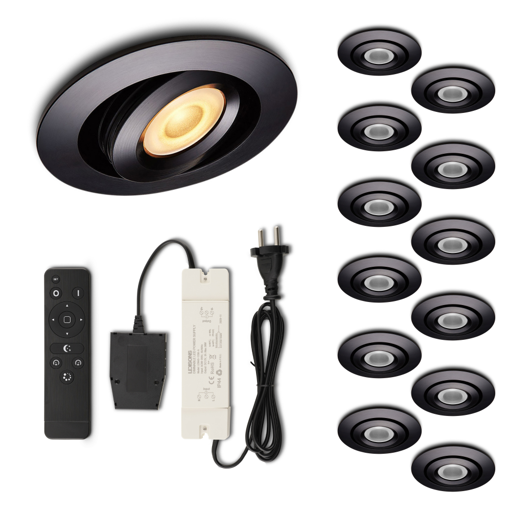 Set LED-inbouwspot met afstandsbediening Piccolo zwart 3W dimbaar IP44 1-12 stuks