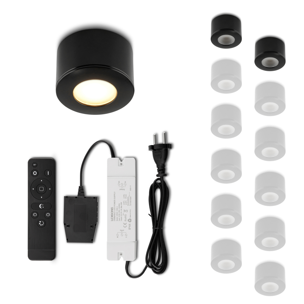 Set LED-opbouwspot met afstandsbediening Parma zwart 3W dimbaar 1-12 stuks