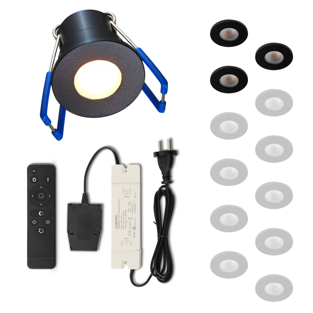 Set LED-inbouwspot met afstandsbediening Varese zwart 3W dimbaar IP54 1-12 stuks
