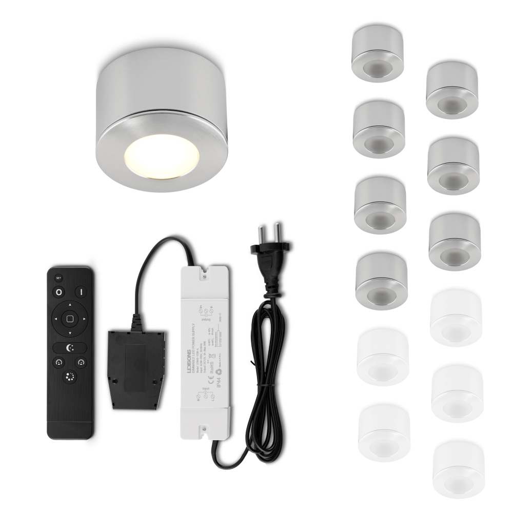 Set LED-opbouwspot met afstandsbediening Parma zilver 3W dimbaar 1-12 stuks