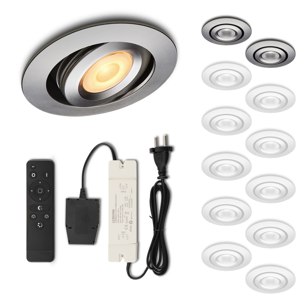 Set LED-inbouwspot met afstandsbediening Piccolo zilver 3W dimbaar IP44 1-12 stuks
