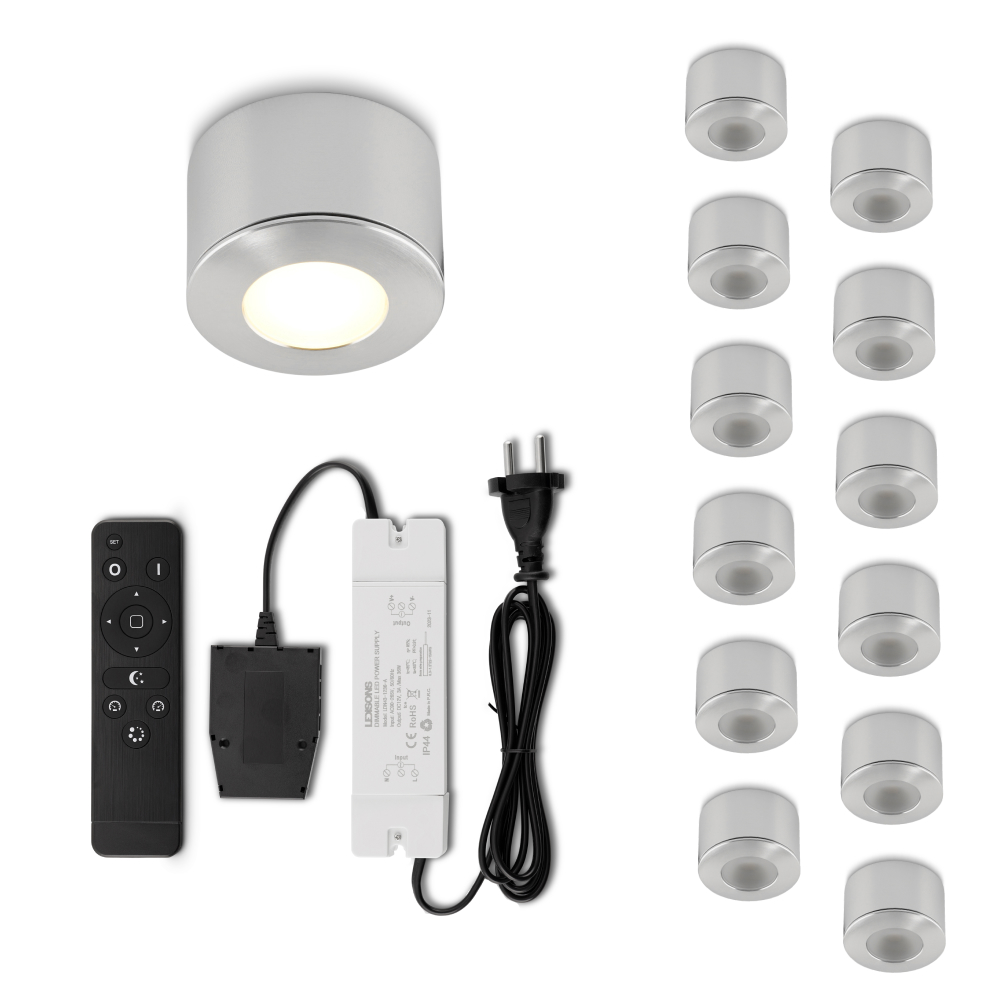Set LED-opbouwspot met afstandsbediening Parma zilver 3W dimbaar 1-12 stuks