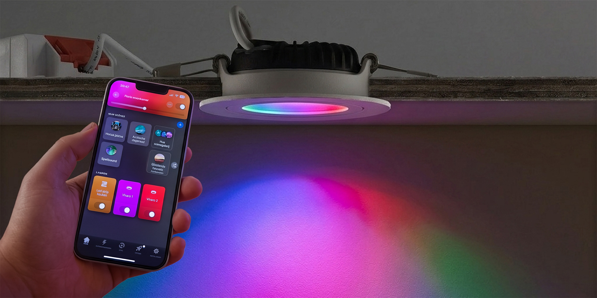 vivaro-zigbee-RGBWW-smart2.jpg, smartphone, telefoon, app, gloed, RGB-verlichting