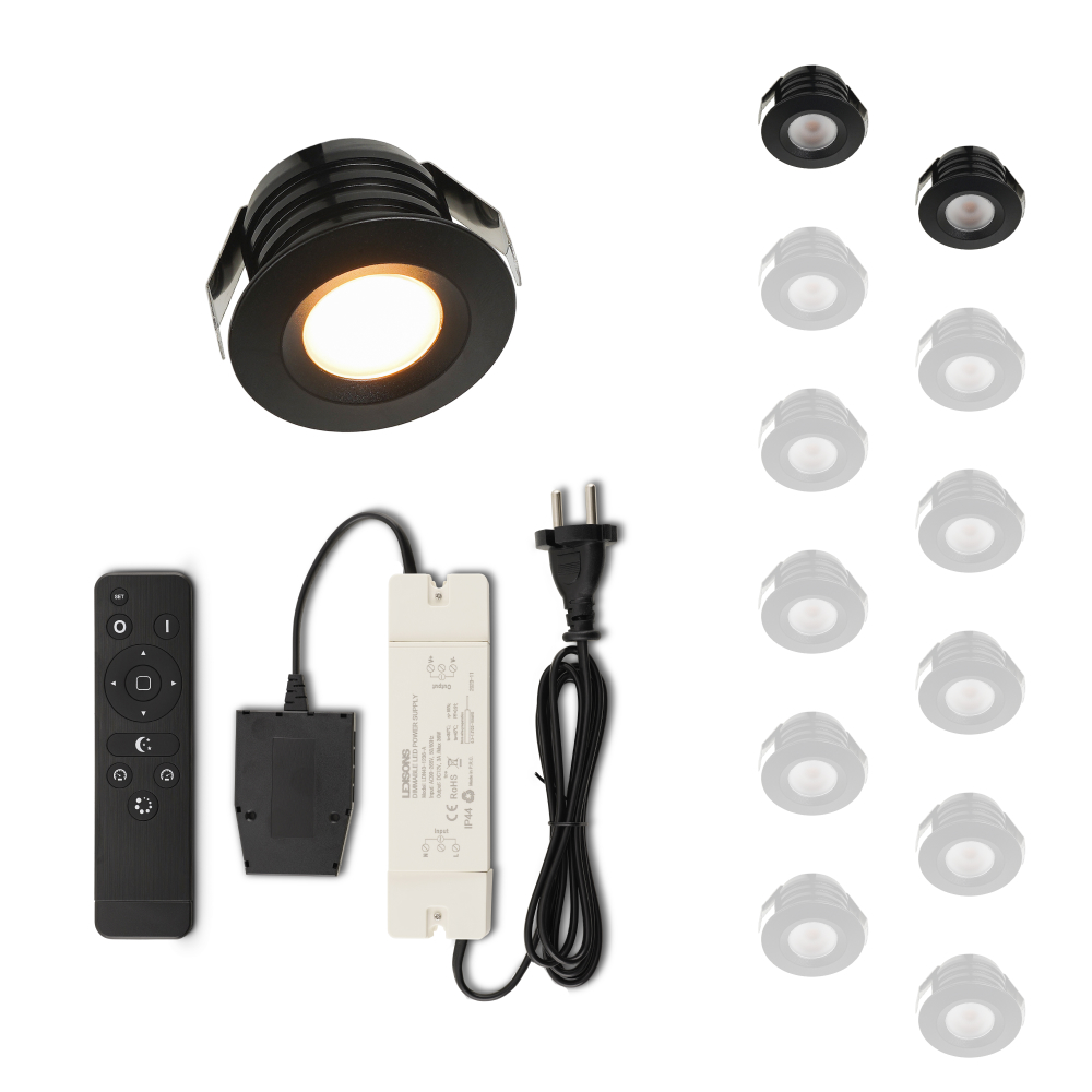 Set LED-inbouwspot met afstandsbediening Valdeno zwart 3W dimbaar 1-12 stuks