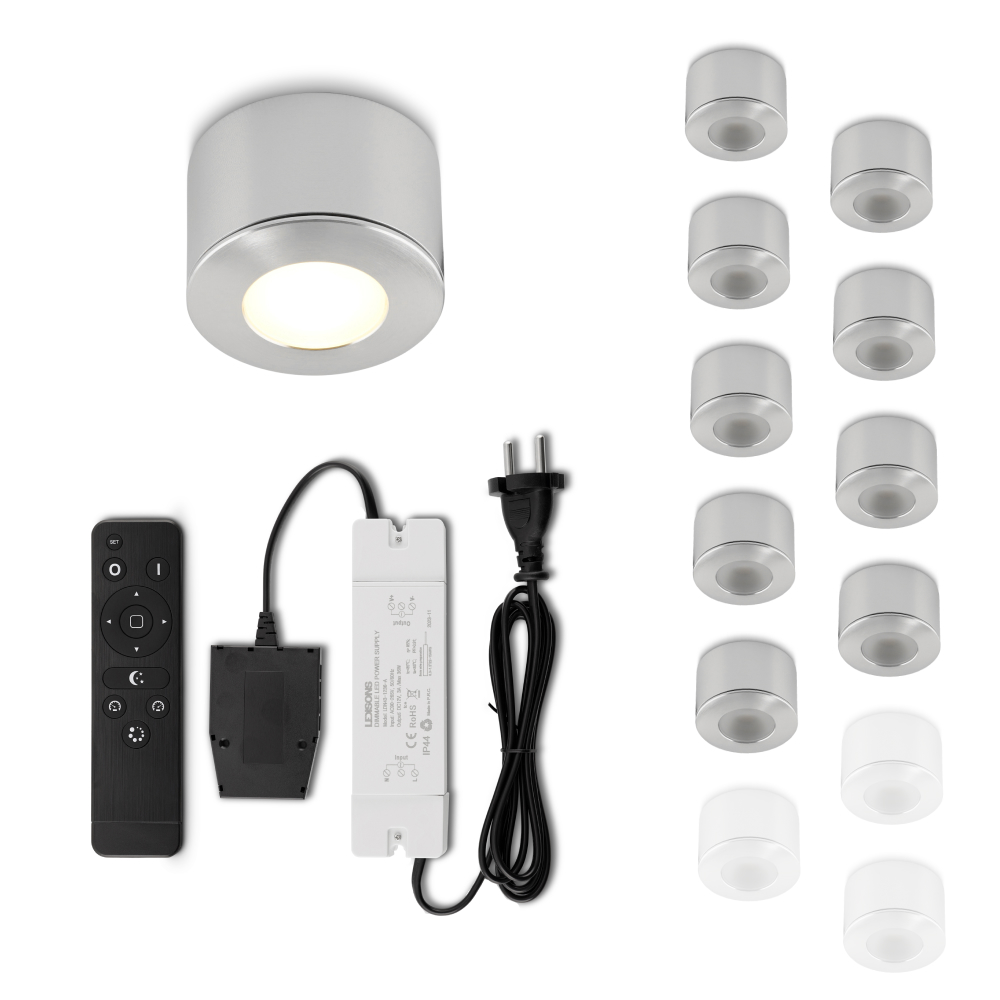 Set LED-opbouwspot met afstandsbediening Parma zilver 3W dimbaar 1-12 stuks