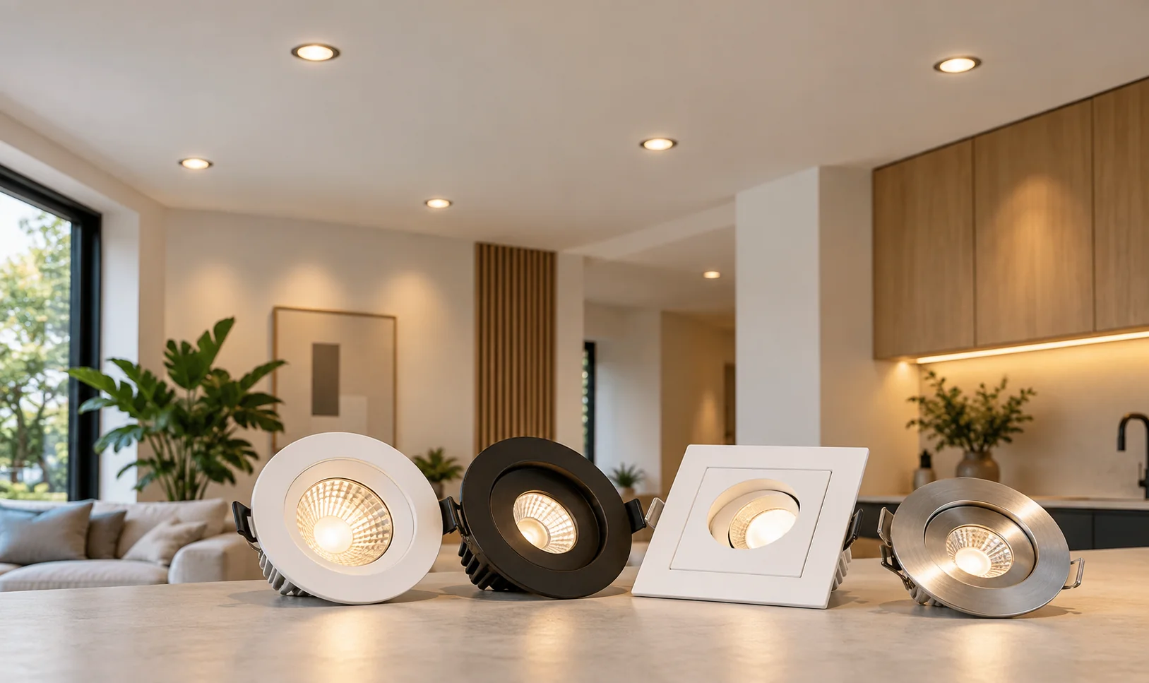 Vier verschillende LED-inbouwspots in een modern wooninterieur