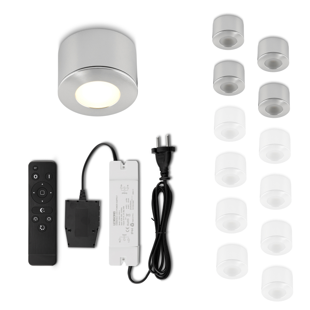 Set LED-opbouwspot met afstandsbediening Parma zilver 3W dimbaar 1-12 stuks