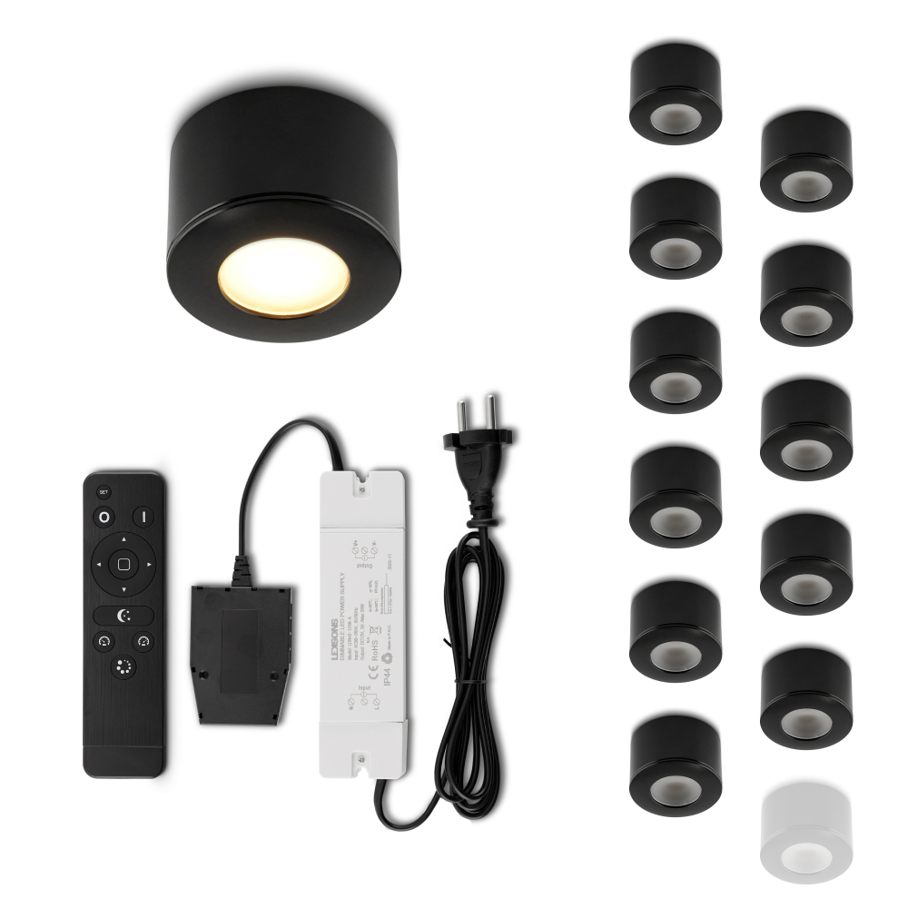 Set LED-opbouwspot met afstandsbediening Parma zwart 3W dimbaar 1-12 stuks