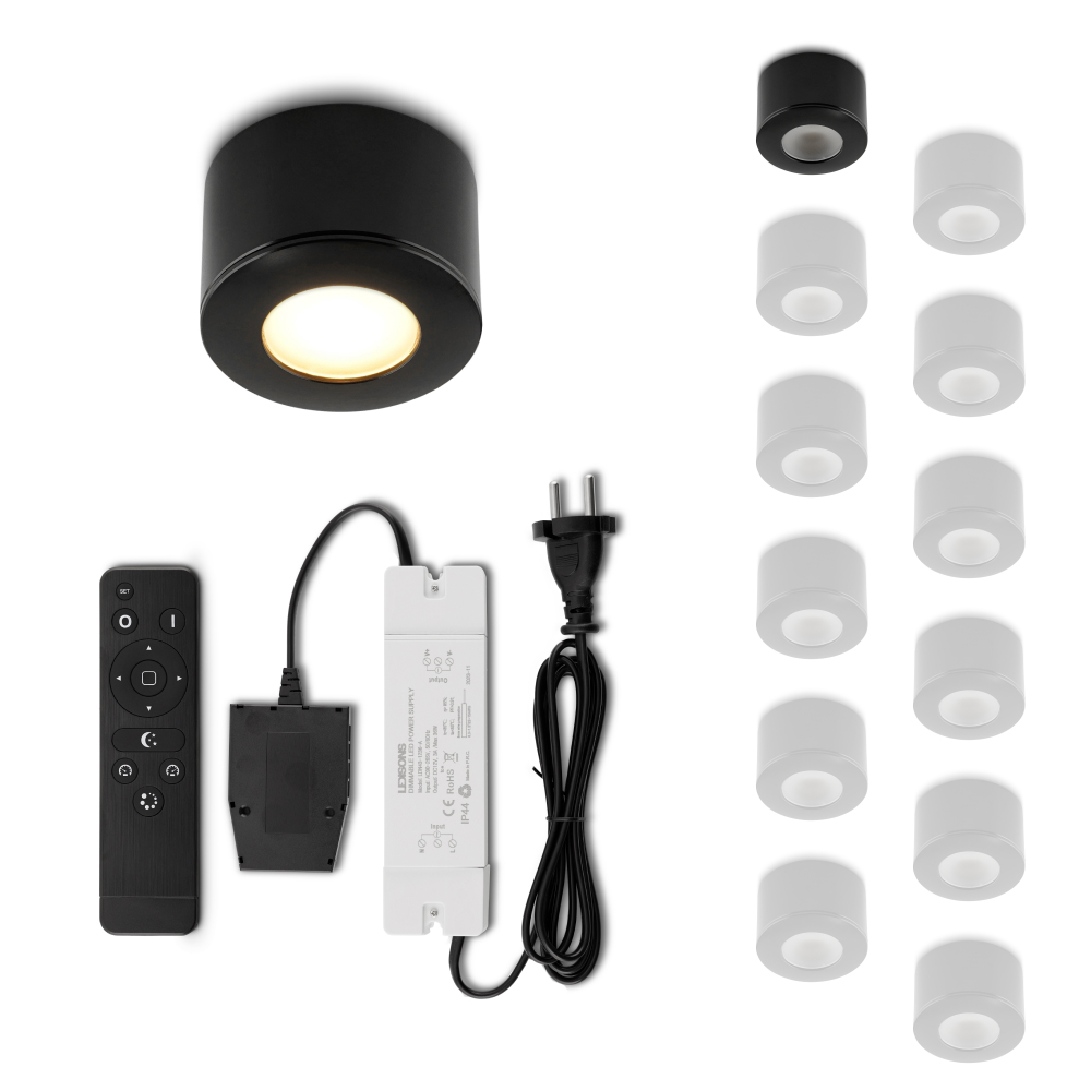 Set LED-opbouwspot met afstandsbediening Parma zwart 3W dimbaar 1-12 stuks