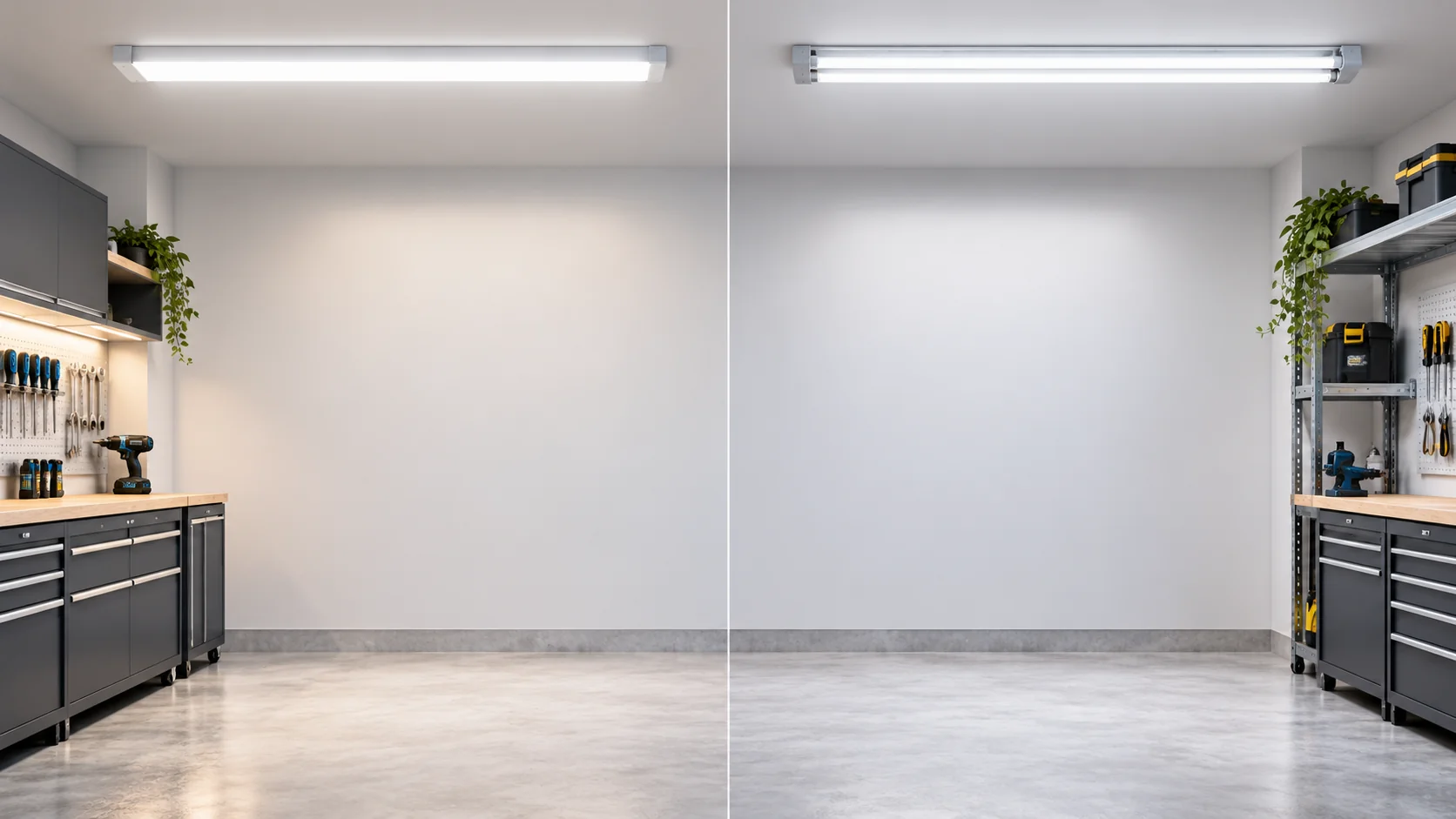 Vergelijking van een gesloten LED-lichtbalk en een armatuur met LED-buizen in een werkruimte