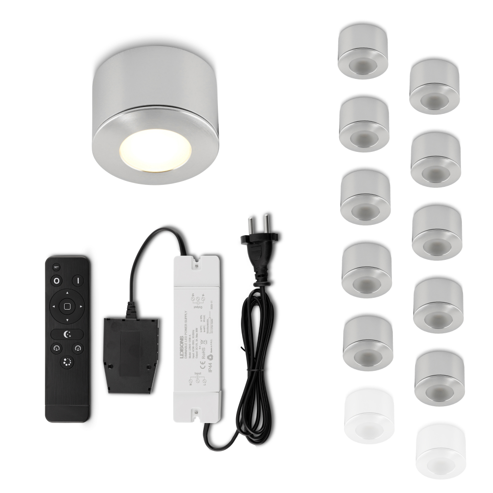 Set LED-opbouwspot met afstandsbediening Parma zilver 3W dimbaar 1-12 stuks