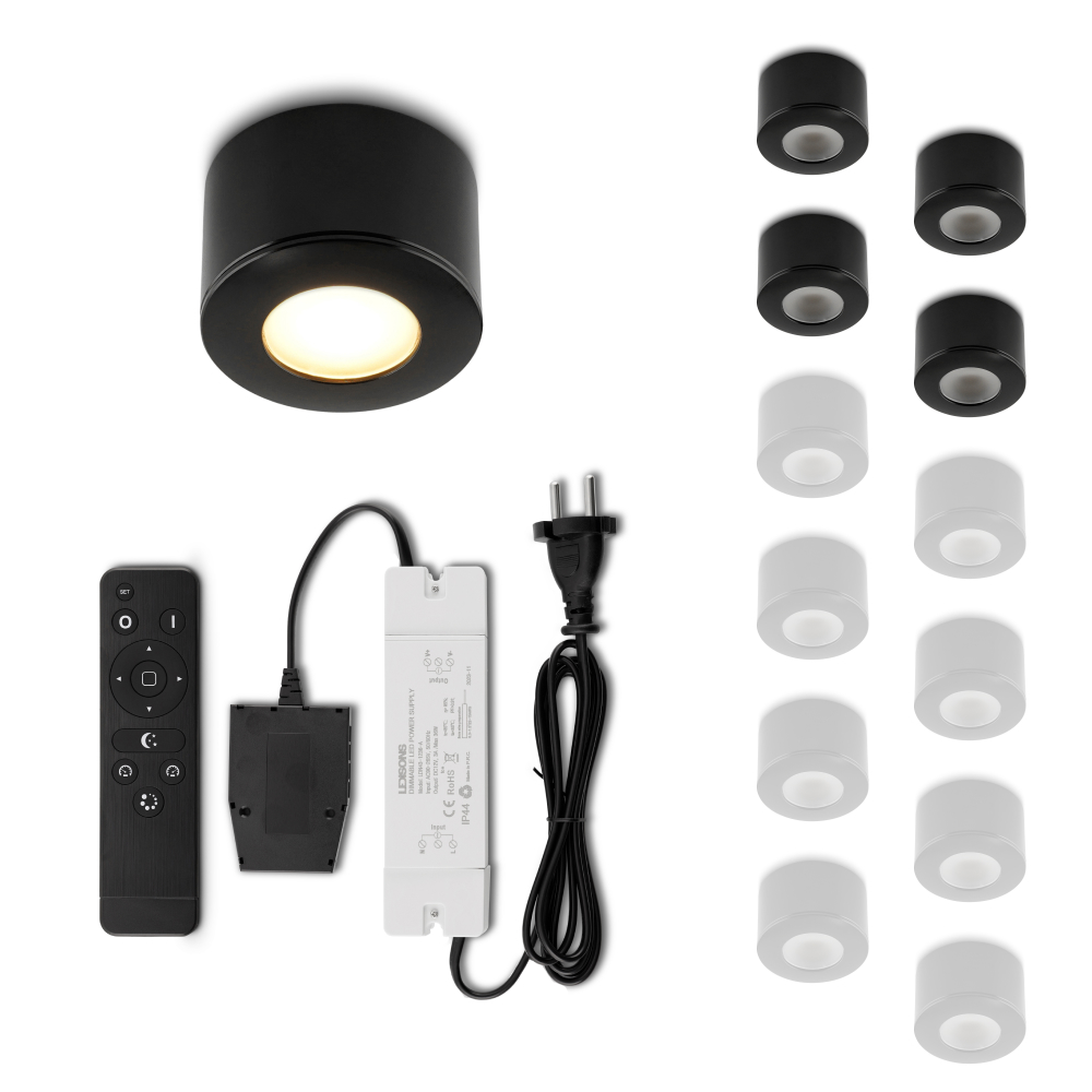 Set LED-opbouwspot met afstandsbediening Parma zwart 3W dimbaar 1-12 stuks