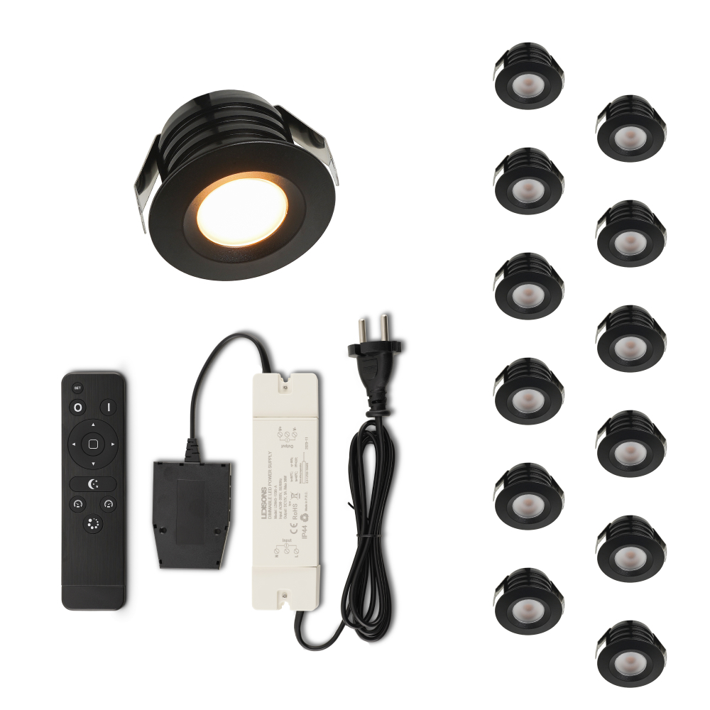 Set LED-inbouwspot met afstandsbediening Valdeno zwart 3W dimbaar 1-12 stuks