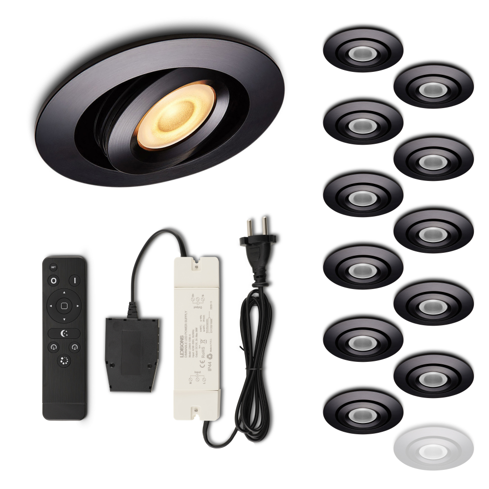 Set LED-inbouwspot met afstandsbediening Piccolo zwart 3W dimbaar IP44 1-12 stuks