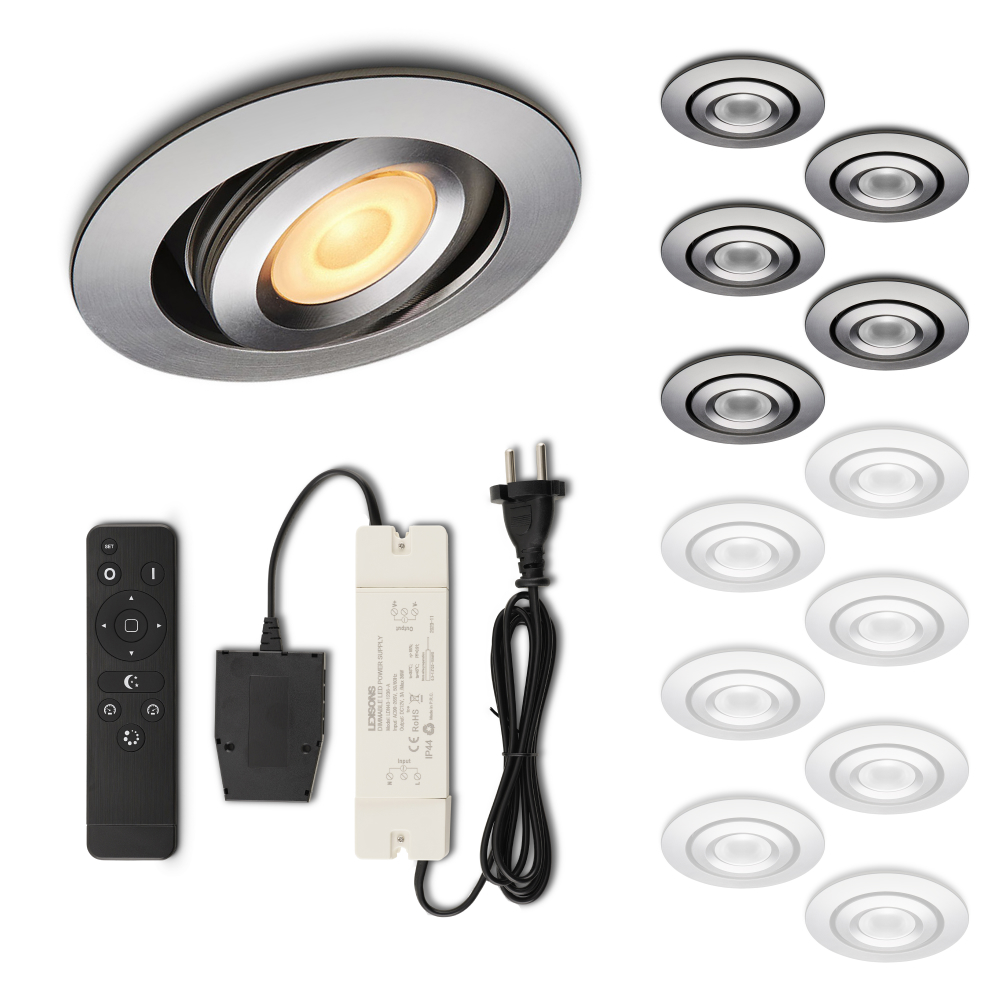 Set LED-inbouwspot met afstandsbediening Piccolo zilver 3W dimbaar IP44 1-12 stuks