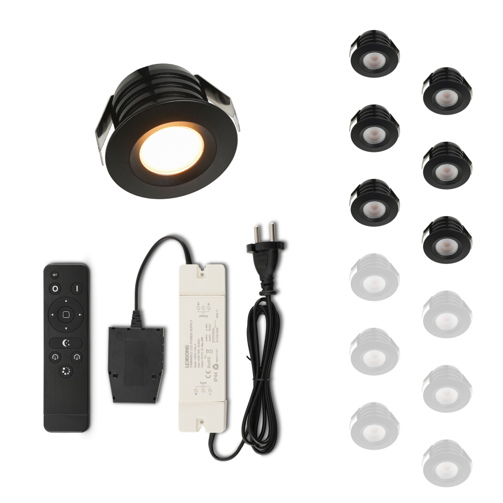 Set LED-inbouwspot met afstandsbediening Valdeno zwart 3W dimbaar 1-12 stuks