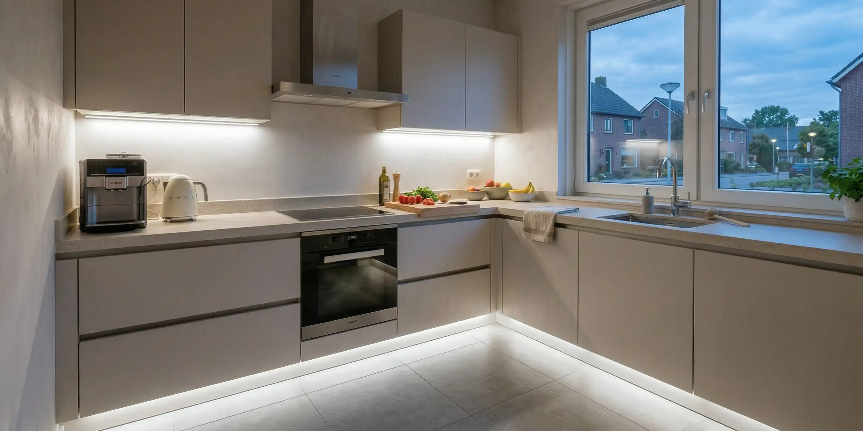 Keuken met neutraal witte LED-strips onder keukenkastjes en langs de plint voor heldere en moderne verlichting