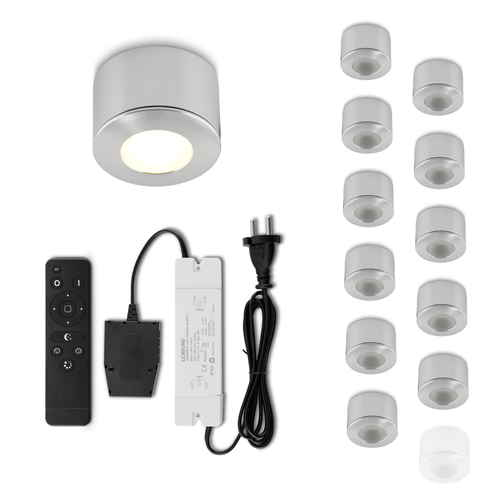 Set LED-opbouwspot met afstandsbediening Parma zilver 3W dimbaar 1-12 stuks