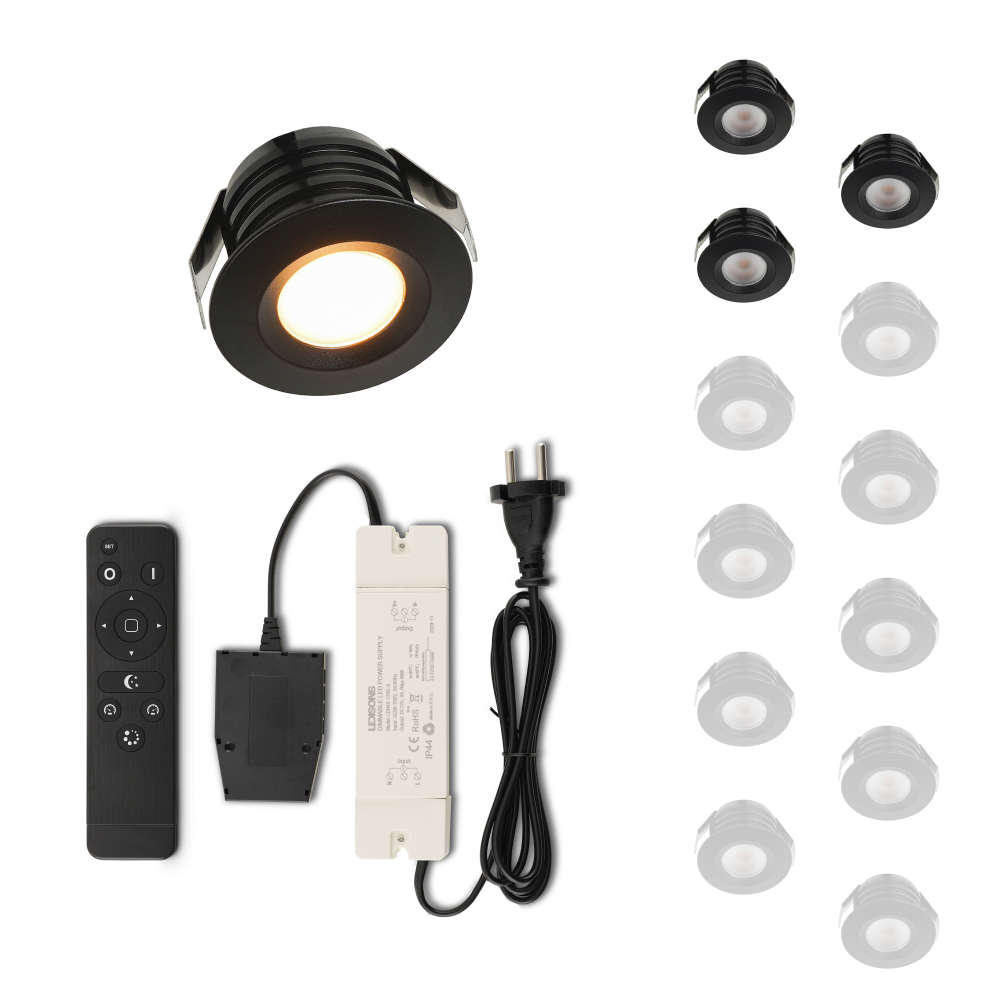 Set LED-inbouwspot met afstandsbediening Valdeno zwart 3W dimbaar 1-12 stuks