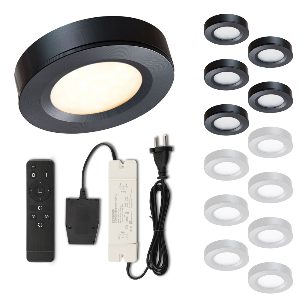 Set LED-opbouwspot met afstandsbediening Adria zwart 3W dimbaar 1-12 stuks