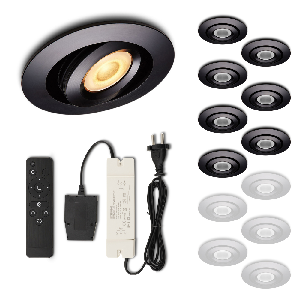 Set LED-inbouwspot met afstandsbediening Piccolo zwart 3W dimbaar IP44 1-12 stuks