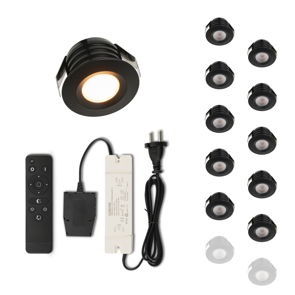 Set LED-inbouwspot met afstandsbediening Valdeno zwart 3W dimbaar 1-12 stuks