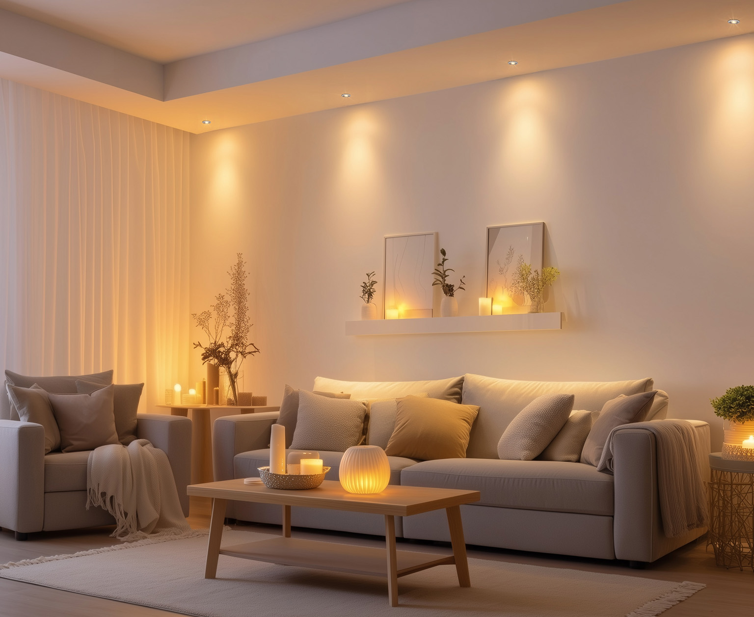 Woonkamer met mini LED-inbouwspots in het plafond voor warme en sfeervolle verlichting