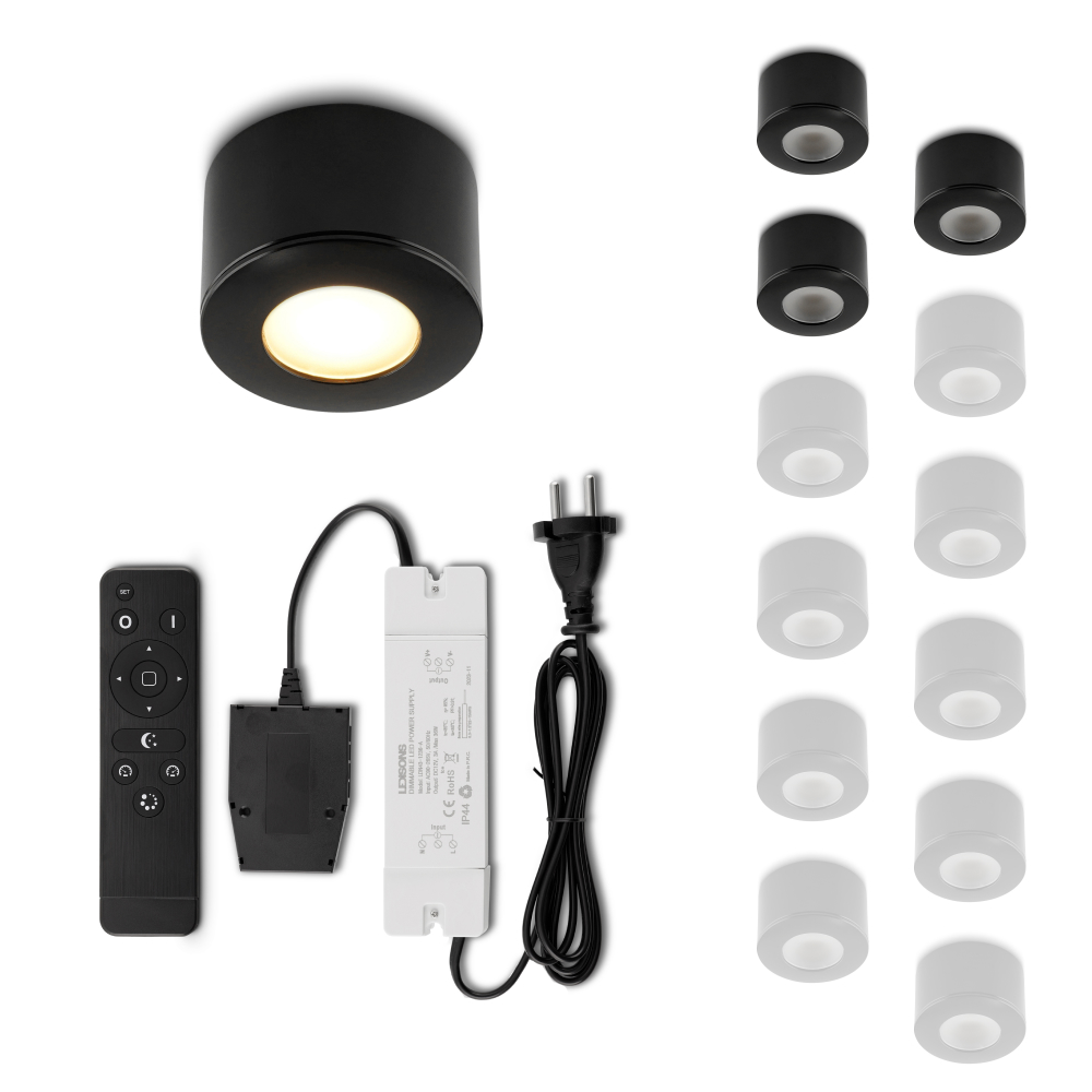 Set LED-opbouwspot met afstandsbediening Parma zwart 3W dimbaar 1-12 stuks