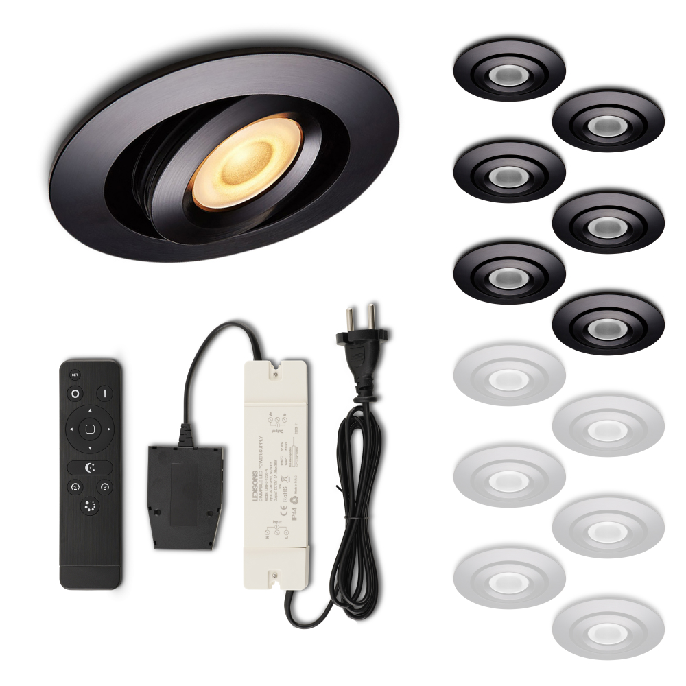 Set LED-inbouwspot met afstandsbediening Piccolo zwart 3W dimbaar IP44 1-12 stuks