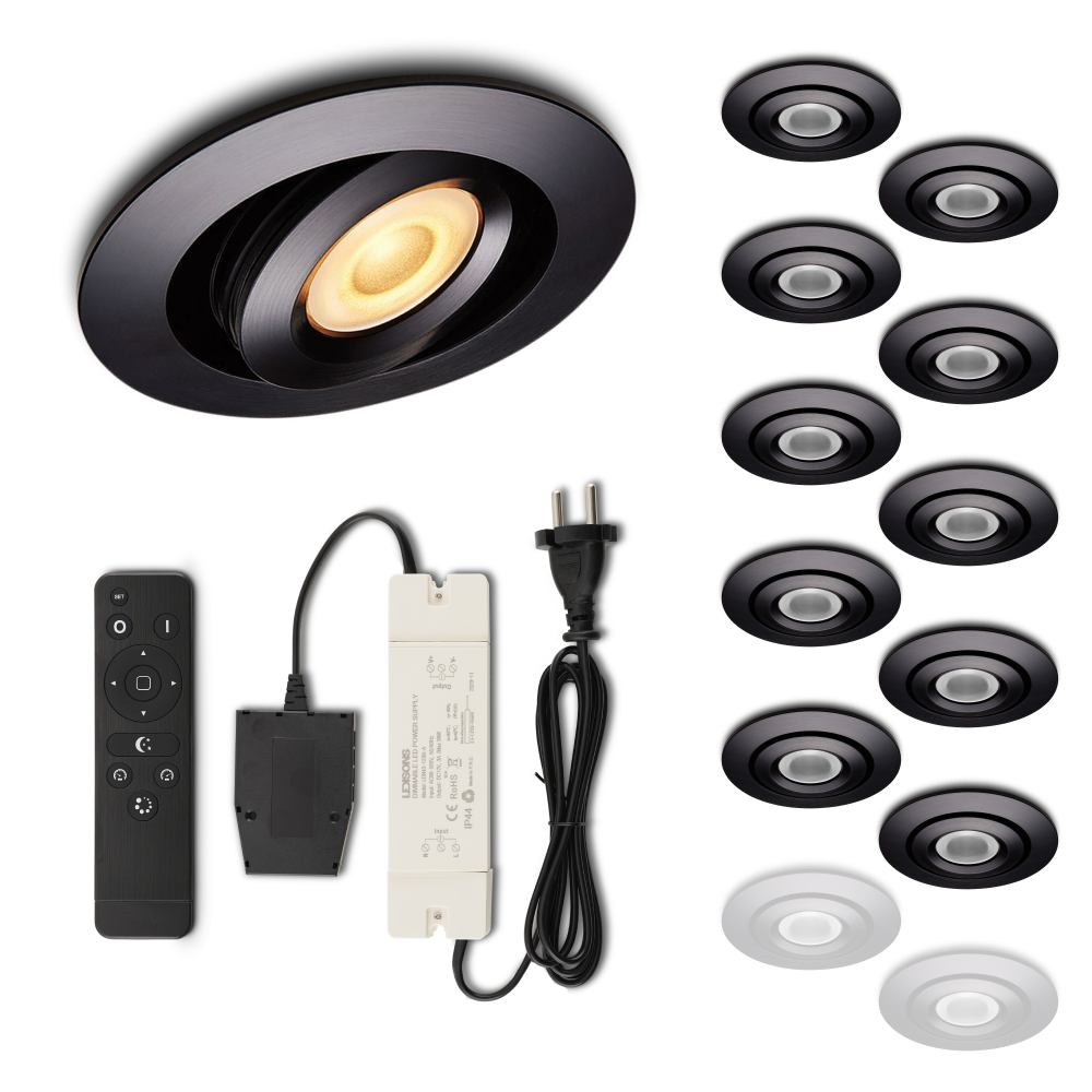 Set LED-inbouwspot met afstandsbediening Piccolo zwart 3W dimbaar IP44 1-12 stuks