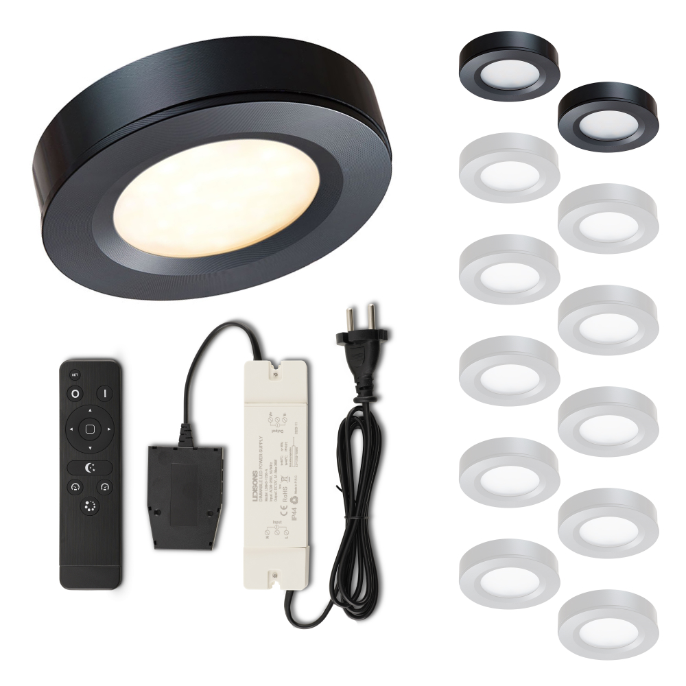 Set LED-opbouwspot met afstandsbediening Adria zwart 3W dimbaar IP44 1-12 stuks
