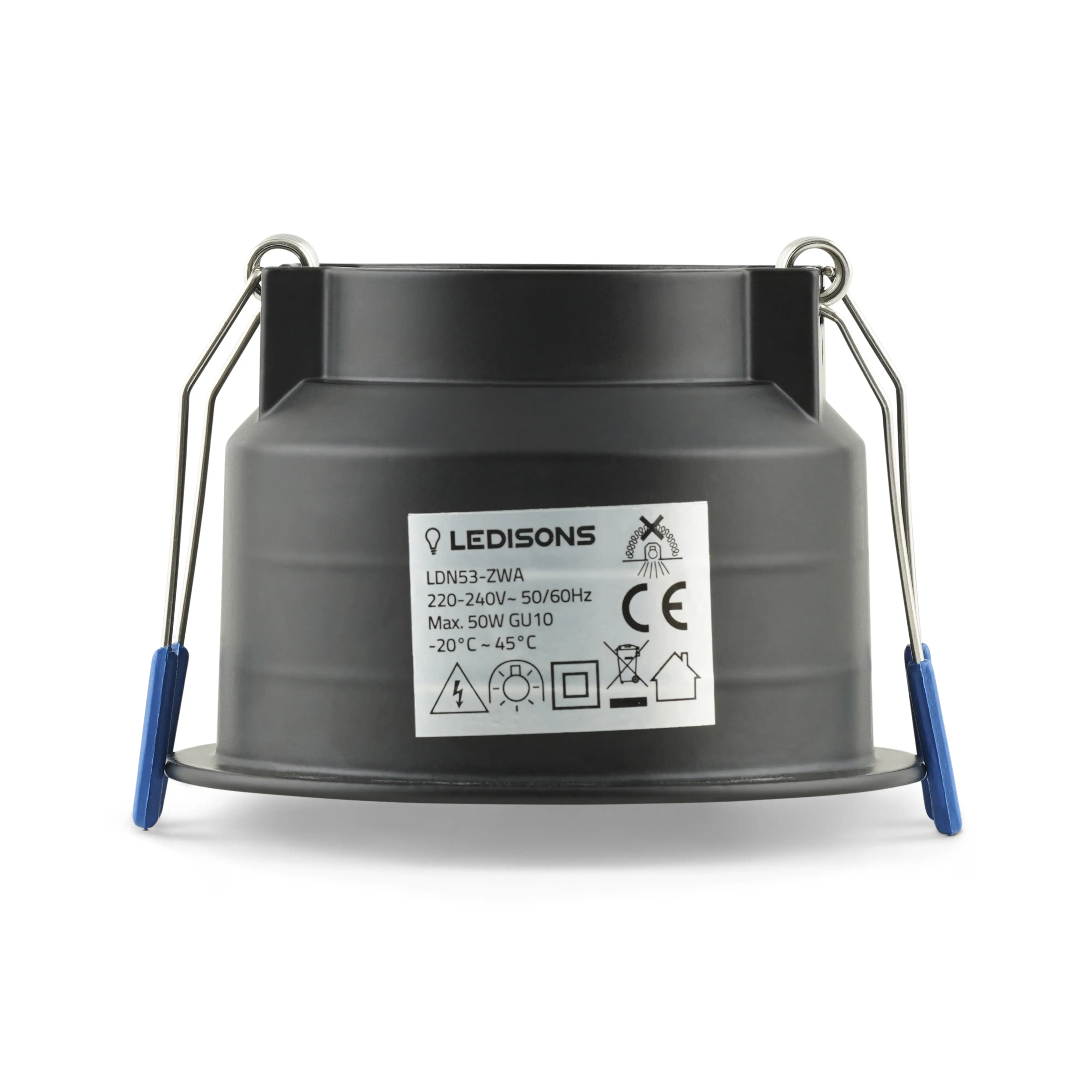 Zwart GU10 inbouwarmatuur met veerklemmen en diepe behuizing voor nette montage in een modern plafond.