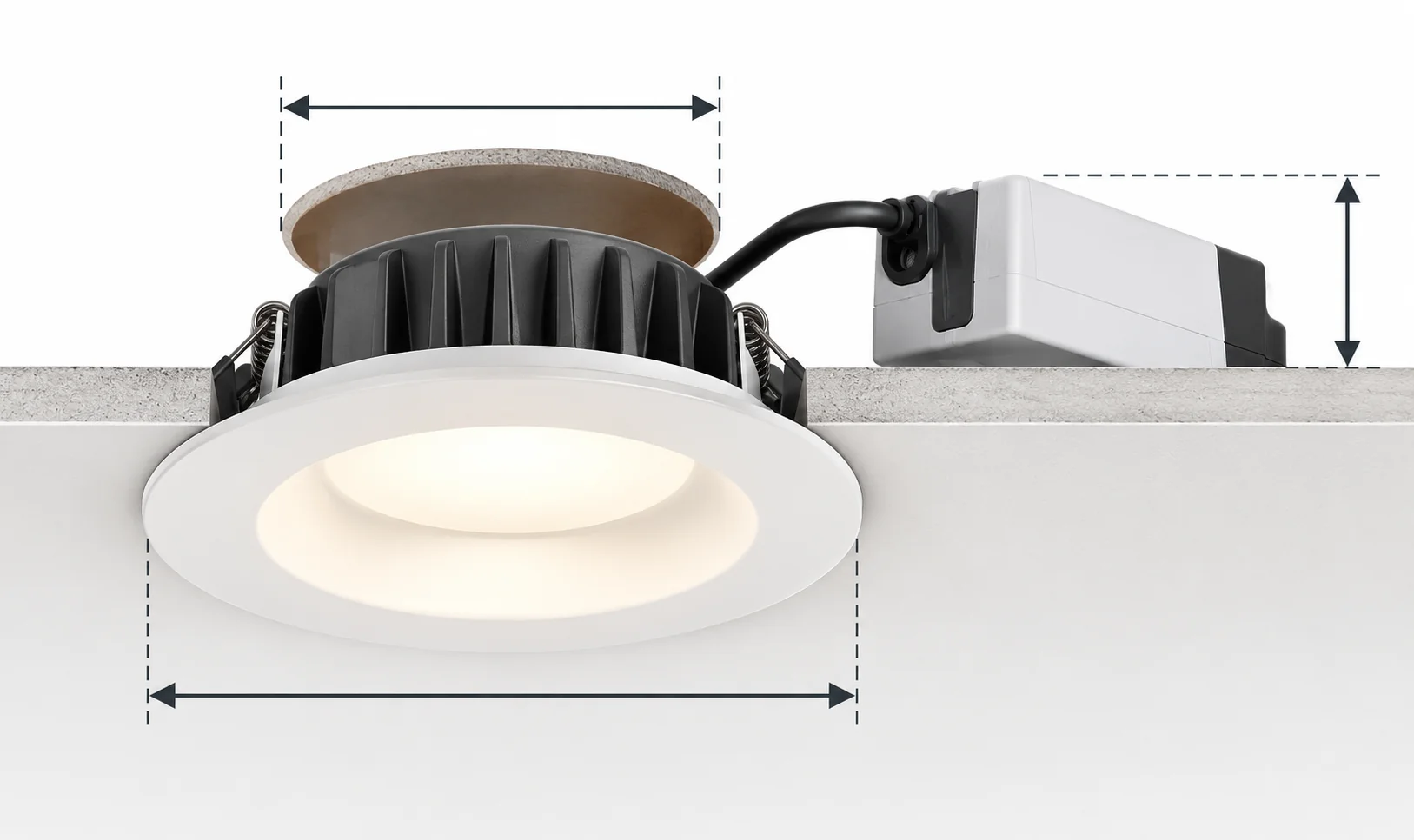 Doorsnede van een LED-inbouwspot met zaagmaat, buitendiameter en benodigde inbouwruimte