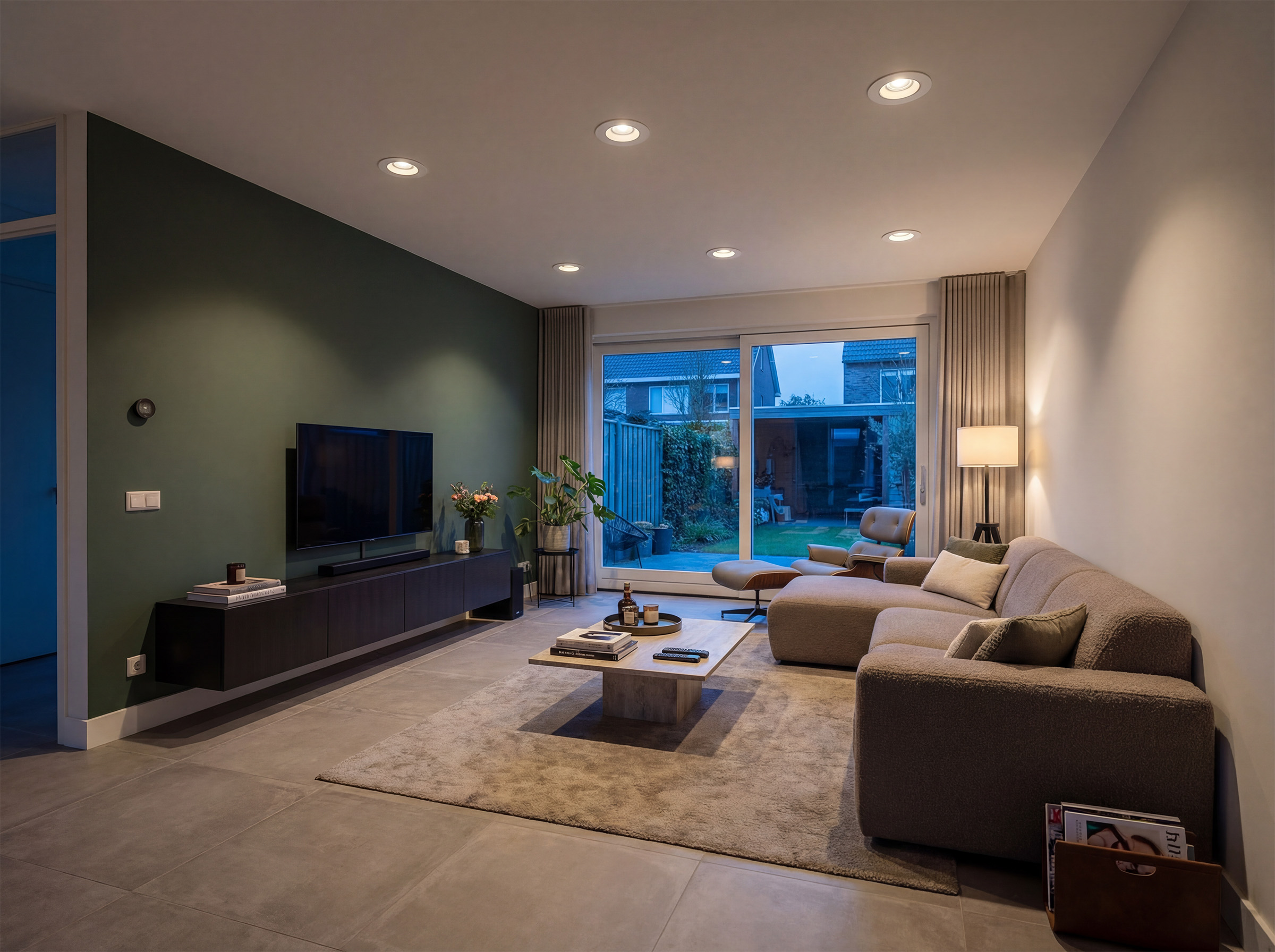 Woonkamer met grote LED-inbouwspots in het plafond voor heldere en gelijkmatige verlichting