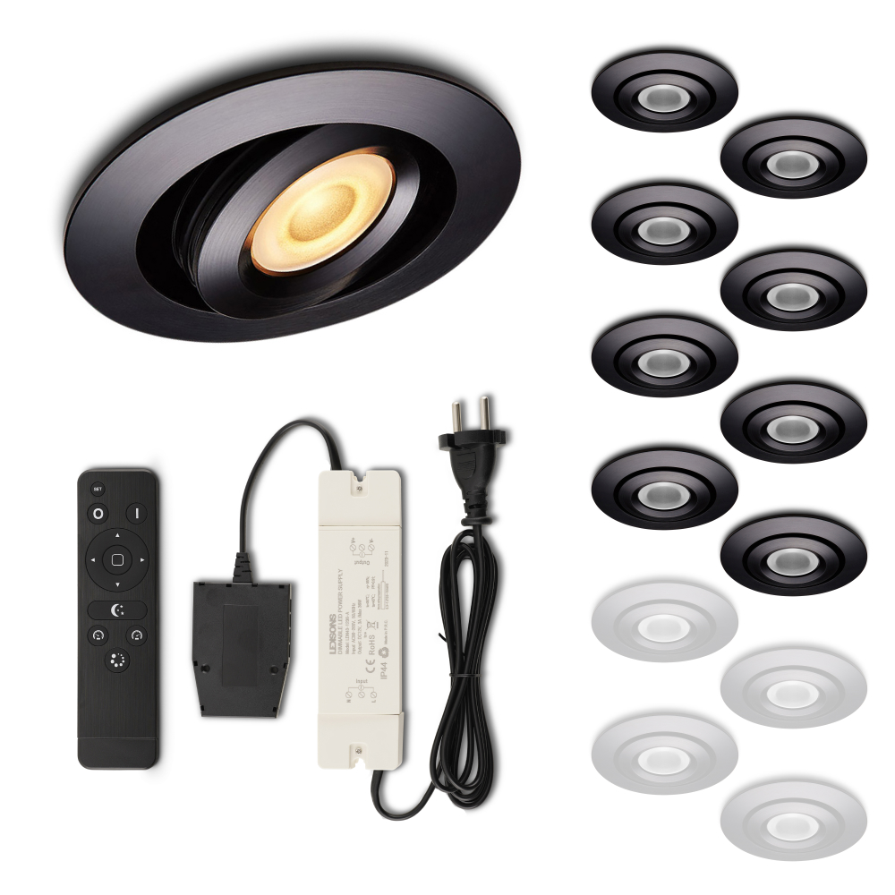 Set LED-inbouwspot met afstandsbediening Piccolo zwart 3W dimbaar IP44 1-12 stuks