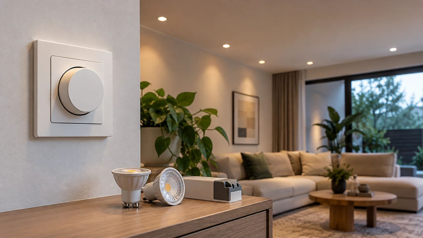 LED-dimmer met LED-lampen en driver in een woonkamer
