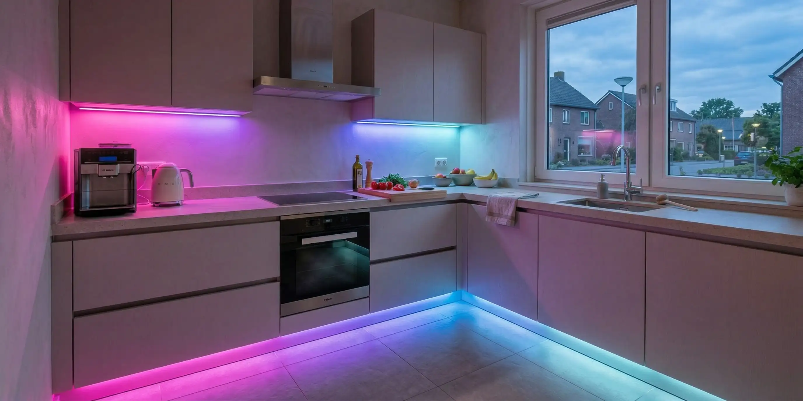 Keuken met RGB LED-strips onder keukenkastjes en langs de plint voor kleurrijke sfeerverlichting