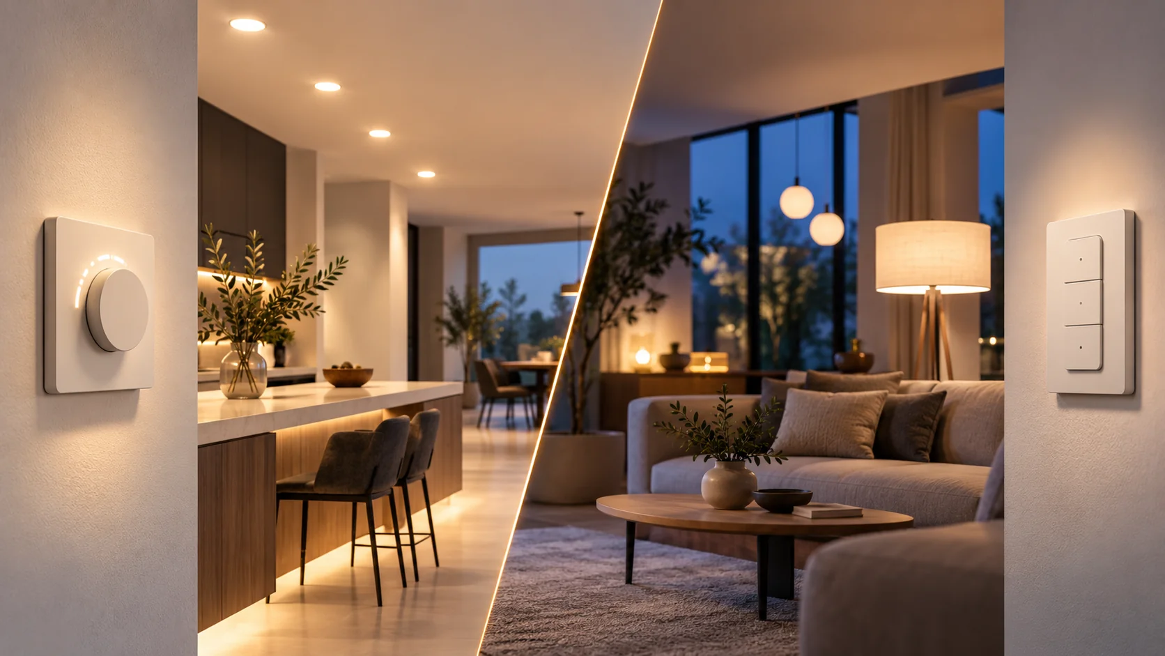 Illustratie van een draaiknopdimmer en een draadloze wandschakelaar bij verlichting in huis