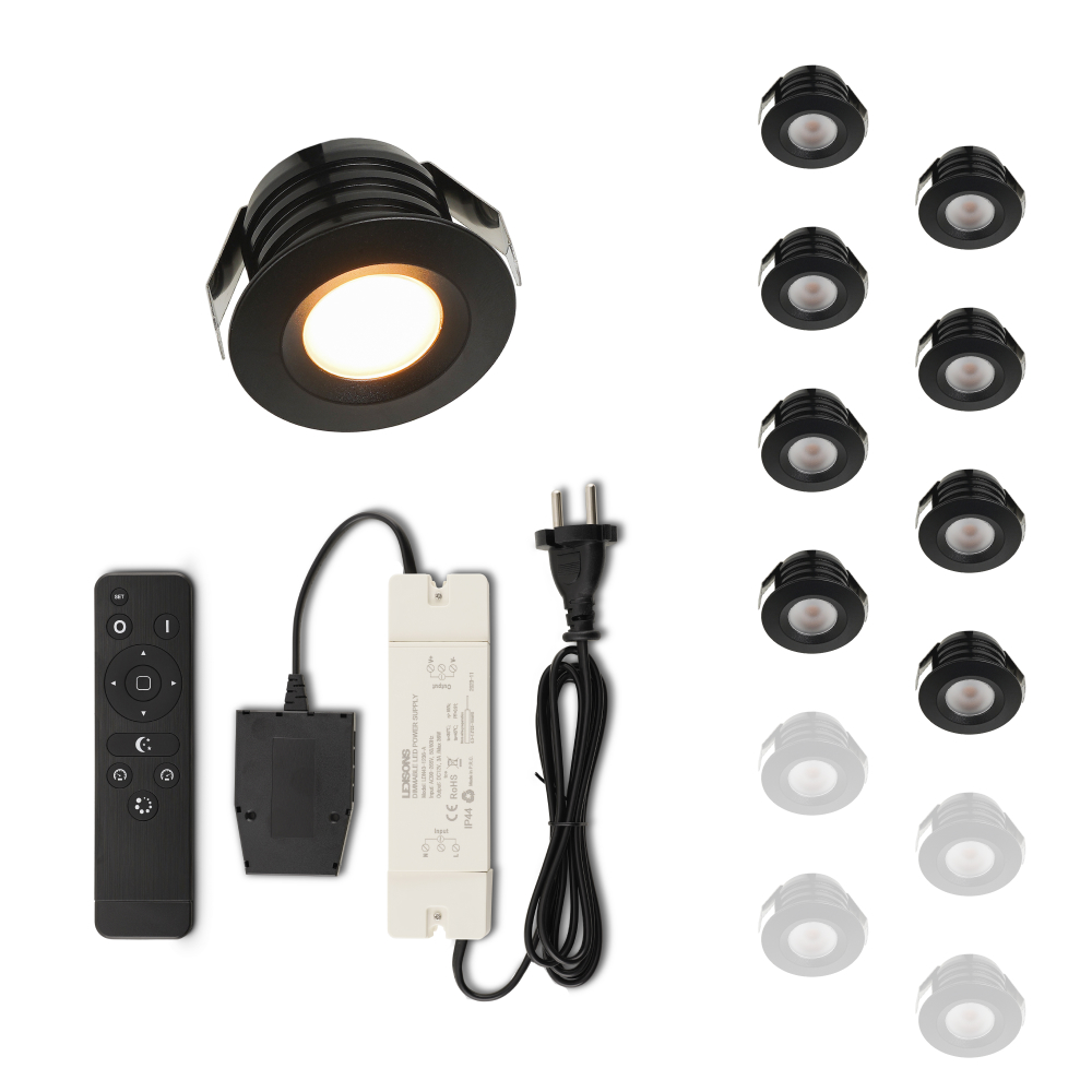 Set LED-inbouwspot met afstandsbediening Valdeno zwart 3W dimbaar 1-12 stuks