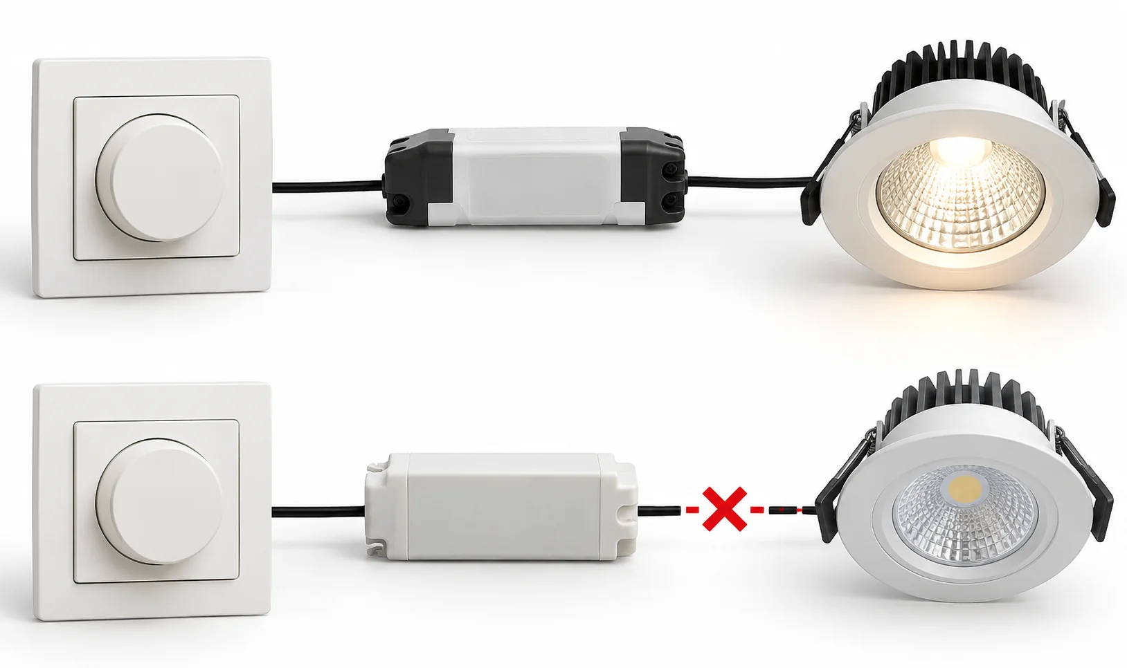 Schematische vergelijking van een compatibele en niet-compatibele combinatie van LED-dimmer, driver en inbouwspot